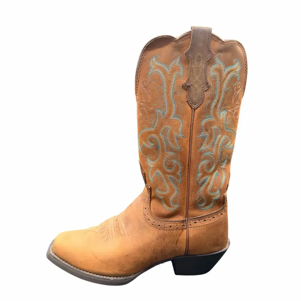 Justin Leather Western Boots Tan Turquoise Stitch Women 7B